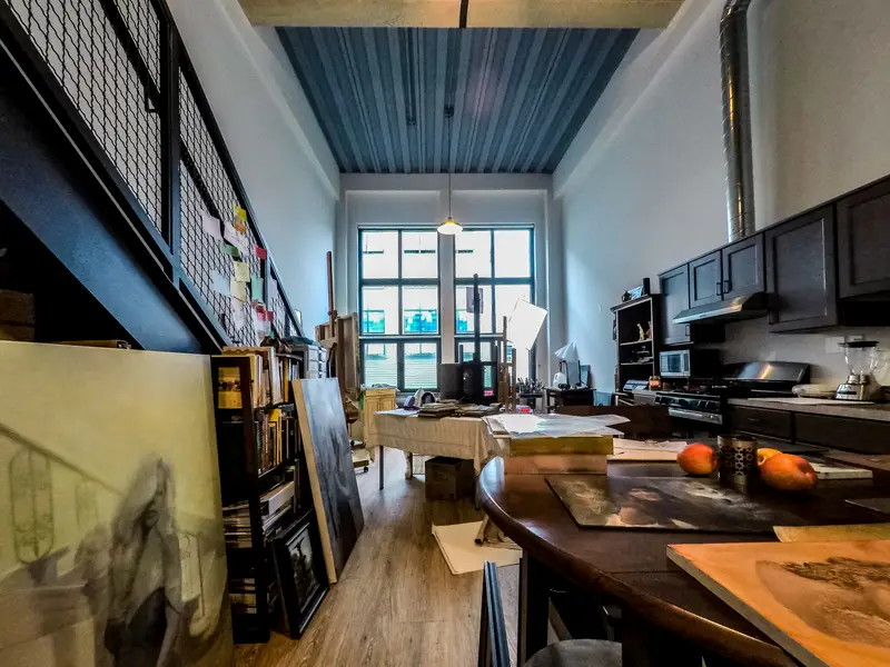 A double-height artist loft interior at Lofts on Main in Peekskill
