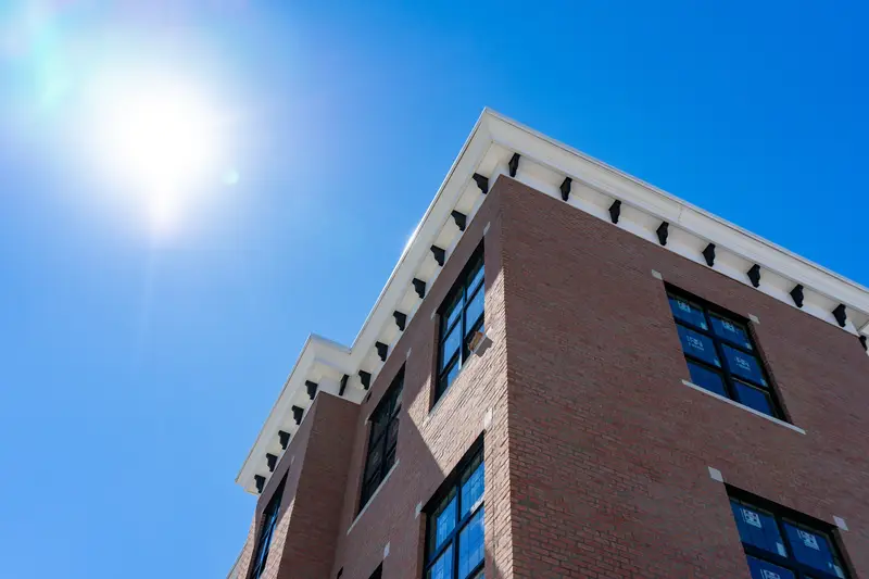 The brick exterior of West End Lofts in Beacon, New York
